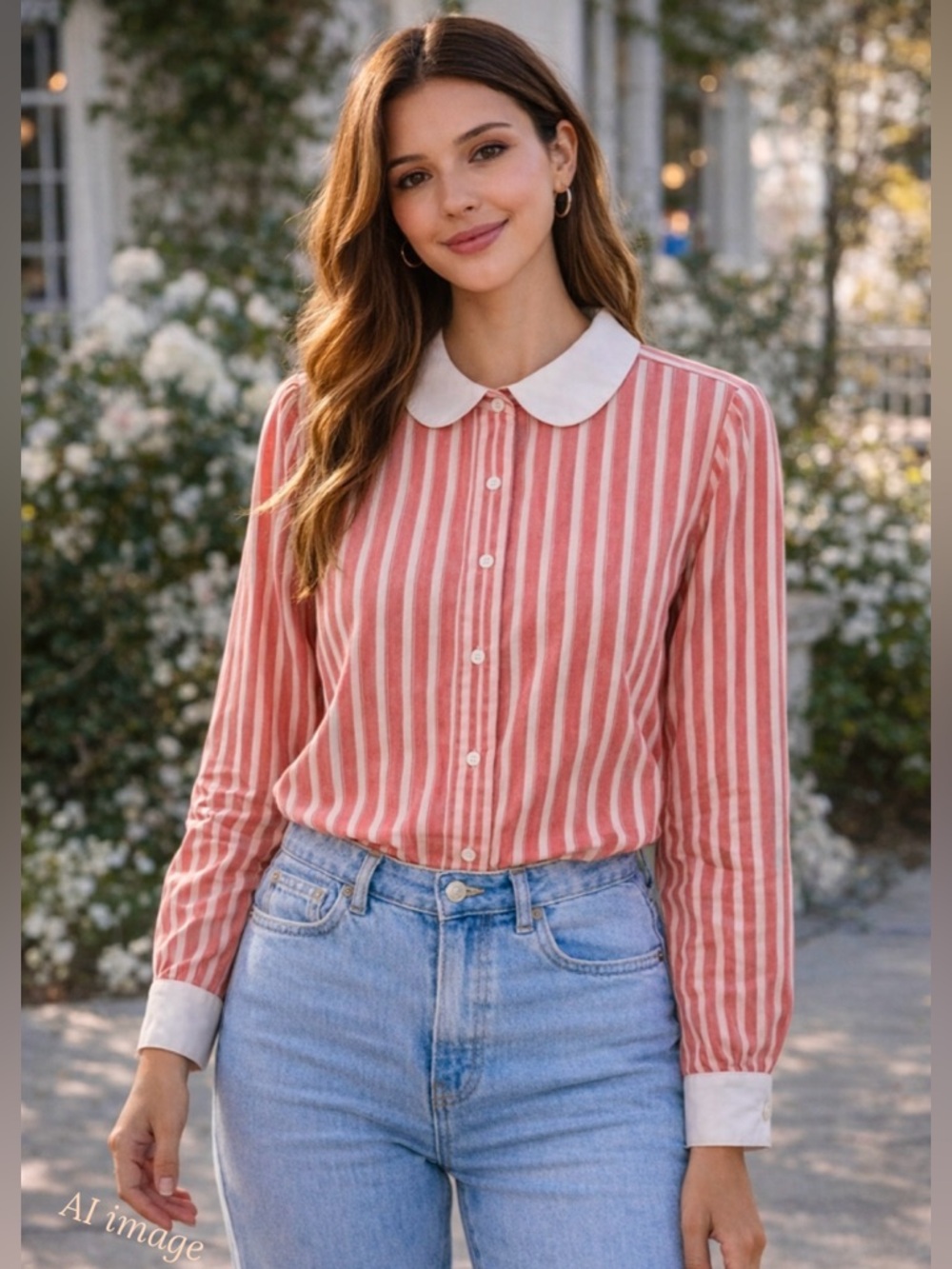 Vintage 70s Red Stripe Peter Pan Collar Blouse L Coquette Cottagecore
